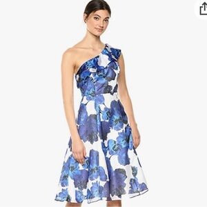 Adrianna Papell Floral Print One
Shoulder Blue with zipper & pockets!